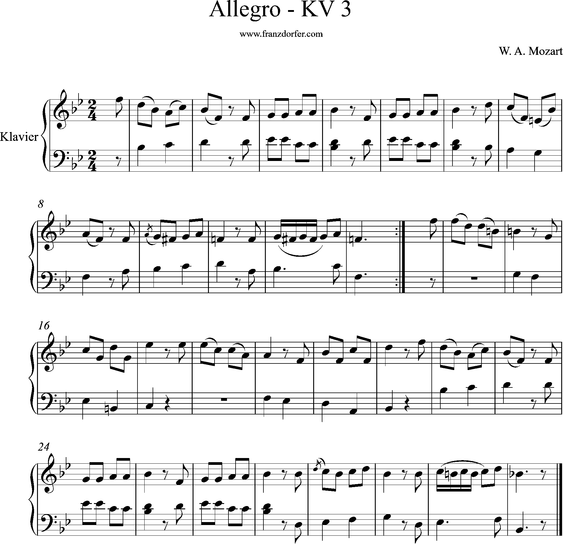 klaviernoten, KV3, Mozart